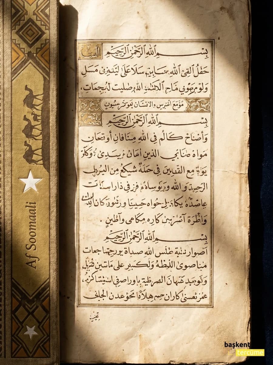 20. yüzyıl başı Sayyid Mohammed Abdullah Hassan dönemi Osmania-Wadaad Af Soomaali el yazması kapak, Başkent Tercüme