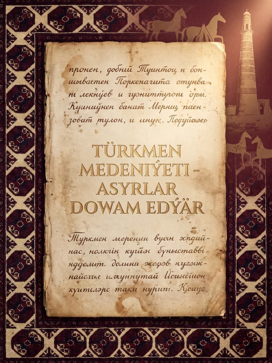 Türkmen kültürel mirası — Tekke göl motifli halı bordürü ve 1993 Latin alfabesi reform Türkmen tipografisi kapağı, Başkent Tercüme
